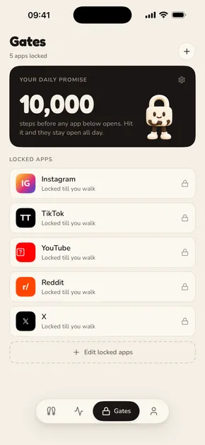 The Gates tab showing a 10,000-step daily promise and five locked apps