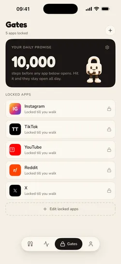 The Gates tab with Instagram, TikTok, YouTube, Reddit and X locked until you walk
