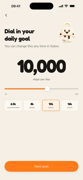 Setting the daily goal: 10,000 steps with presets for 8k, 10k and 12k