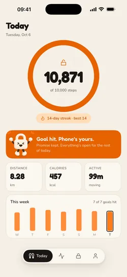 Goal hit: 10,871 of 10,000 steps, and the message Goal hit. Phone's yours.